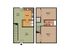 Two-level floor plan. Ground floor shows a dining area, kitchen, and living room. Upper floor includes two bedrooms and a bathroom. Simple layout.