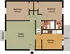 2 bedroom, 1.5 bathroom floor plan at Harvard Apartments in Springfield, MO. Layout features a large living room, spacious kitchen, full bathroom with dual sinks, additional half bath, and two bedrooms with double closets.