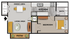 One-bedroom apartment floor plan showing a layout with a living area, dining area, kitchen, bathroom, bedroom, patio, and washer/dryer. The living area includes a couch, coffee table, and TV; the dining area has a table with two chairs; the kitchen features a sink, stove, and counter space; the bathroom includes a tub, toilet, and sink; the bedroom has a bed with two nightstands; and the patio includes decorative plants. The HVAC unit is located near the bedroom entry.