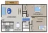 Floor plan of a two-bedroom, one-bath apartment at English Village in Springfield, Missouri, showing a living area with patio access on the left, an adjacent dining area and kitchen with full-size appliances below, a full bathroom off the central hallway, a main bedroom with closet at upper right, a second bedroom below it, and a stacked washer/dryer closet near the bathroom.