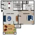 Floor plan of a one-bedroom, one-bath Cobblestone Village apartment in Springfield, Missouri, featuring an open-concept living and dining area adjacent to a kitchen with full-size appliances, a living room that opens onto a private patio, a full bathroom with tub/shower, an HVAC closet, and a bedroom with walk-in closet.