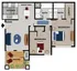 Floor plan of a two-bedroom, two-bath Cobblestone Village apartment in Springfield, Missouri, featuring an open-concept kitchen and dining area that flows into a living room with patio access, two bedrooms each with closet space, and two full bathrooms.