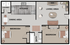 Two-bedroom, one-bathroom apartment floor plan with labeled areas for Laundry, Kitchen, Dining Area, Living Area, two Bedrooms, and a shared Bath. The layout includes modern furniture and appliances, showcasing a comfortable and functional design.