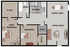 Oak Leaf two-bedroom, one-bathroom floor plan featuring a spacious main bedroom with a large closet, an additional bedroom with closet space, a central bathroom, a kitchen with modern appliances, a dining area, a cozy living area, and HVAC utility space.