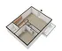 3D floor plan of a one-bedroom apartment featuring a spacious living area, a kitchen with wooden cabinets, a bathroom with a bathtub, a bedroom, and an outdoor balcony space. The layout shows clear pathways between rooms, with the entry point indicated by an arrow.