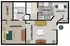 1 A digital layout of a one-bedroom, one-bathroom apartment. The bedroom features a large closet and direct access to the bathroom, which includes a bathtub and toilet. The living area is spacious, with a seating arrangement and a TV stand. The kitchen, located near the dining area, includes a dishwasher, a stove, and a sink. A washer and dryer are positioned in a separate space near the hallway. Additional storage is available near the entrance.