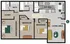 A detailed digital floor plan of a three-bedroom, two-bathroom apartment. The layout includes a spacious main bedroom with a large closet and an attached bathroom. Two additional bedrooms, each with their own closets, share a second bathroom located near the hallway. The kitchen features modern appliances, including a dishwasher and space for a washer and dryer. Adjacent to the kitchen is a dining area, which leads into a living area furnished with a sofa, coffee table, and entertainment center. A storage closet is situated near the entrance.