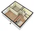 3D‐rendered perspective floor plan of a one-bedroom apartment showing wood-style plank flooring throughout an open living area that flows into an L-shaped kitchen with lower cabinetry and appliances along one wall; a carpeted bedroom off the back wall with a built-in closet; and a tiled bathroom and storage closet clustered near the entry, all bounded by neutral-colored walls.