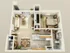 Overhead view of a one-bedroom apartment layout featuring a living room, kitchen with dining area, bathroom, and bedroom, decorated with plants and furniture.