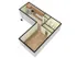3D-rendered L-shaped floor plan of a studio apartment featuring a large open living/bedroom space with wood-style flooring; an adjoining galley kitchen along the upper wall with upper and lower cabinetry, sink, stove, and refrigerator; a small closet near the living area; and a separate tiled bathroom with tub/shower, toilet, and sink.