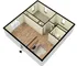 3D-rendered perspective floor plan of a two-bedroom, one-bath apartment showing wood-style plank flooring in an open living area entered at a front door, a galley kitchen with sink, stove, and refrigerator along one wall, a tiled full bathroom off a short hallway, and two separate carpeted bedrooms at the back each with a window.