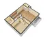 3D floor plan of a one-bedroom apartment featuring a living area with wood-style flooring, a kitchen with wooden cabinets, a bathroom with a bathtub, a bedroom with carpet, and an outdoor balcony. The layout includes a designated area with washer/dryer hookups near the entrance, indicated by an arrow.