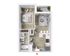 Modern one-bedroom apartment floor plan featuring an open-concept living room and kitchen, cozy bedroom, stylish bathroom, and a charming balcony.