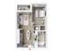 Chic 1-bedroom apartment layout featuring open-concept living and dining area, modern kitchen, cozy balcony, and a stylish bathroom.