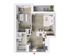 Modern apartment floor plan with one bedroom, spacious living area, open kitchen, and balcony access.