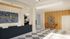 Elegant apartment lobby with modern design, featuring a marble reception area, stylish pendant lighting, and comfortable seating.