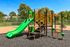 Vibrant playground featuring a green slide, climbing structures, and swings, set against a sunny outdoor backdrop.