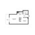 Chic floor plan featuring a cozy 1-bedroom with a stylish kitchen, inviting living room, and a relaxing patio space.