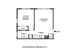 Charming one-bedroom efficiency floor plan featuring a cozy living room, modern kitchen, and well-appointed bath.