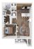 Bird's-eye view of a one-bedroom apartment with an open living room, modern kitchen, and balcony.