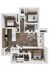 3D floor plan of a modern apartment featuring two bedrooms, an open living area, and a state-of-the-art kitchen.