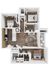 Elegant 3D floor plan featuring two bedrooms, a modern kitchen, and an open living area with stylish furnishings.