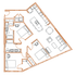 Contemporary floor plan showcasing a unique layout with 2 bedrooms, 2 bathrooms, and an expansive open kitchen-living area featuring modern amenities.