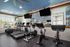Modern fitness center with state-of-the-art treadmills and exercise bikes, featuring large mirrors and a calming sky-themed ceiling mural.