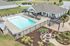 Luxurious outdoor view featuring a sparkling swimming pool, inviting lounge chairs, modern clubhouse, and a cozy fire pit area, perfect for relaxation and gatherings.