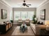 Inviting living room with modern decor, neutral tones, and natural light, featuring a cozy sofa, stylish artwork, and lush greenery.