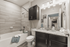 Modern bathroom with elegant wood accents and plush towels, featuring a sleek granite countertop and stylish tiled shower.