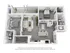 Modern 3D floor plan of a chic apartment showcasing two bedrooms, two bathrooms, an open-concept living and dining area, a stylish kitchen with an island, and a private balcony for outdoor relaxation.