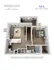 Modern 3D floor plan of Emerson at Wells Branch, featuring 1 bedroom, an open-concept living room, and a sleek kitchen. Cozy and functional layout with 775 sq. ft. living space.