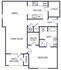Modern apartment floor plan with one bedroom, open dining and living area, spacious kitchen, and patio balcony.