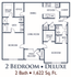 Elegant 2-bedroom deluxe floor plan featuring a spacious living room, modern kitchen, and office space, complemented by 2 bathrooms and a patio or balcony. Total area: 1,622 sq. ft.