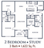 Spacious 1,622 sq ft floor plan featuring 2 bedrooms, a study, 2 bathrooms, and an inviting open-concept living and dining area, complete with a modern kitchen, patio, and ample storage.