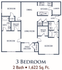 Spacious 3-bedroom apartment floor plan featuring 2 bathrooms, open living and dining area, modern kitchen, and private patio/balcony with 1,622 sq. ft. of luxurious space.