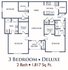 Deluxe 3-bedroom floor plan with office, two bathrooms, spacious living room, and kitchen. Features include walk-in closets, patio, and 1,817 sq ft of elegant living space.