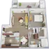 Detailed 3D floor plan showcasing a single-bedroom apartment with an open-concept living area and modern kitchen.