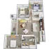 3D apartment floor plan highlighting three bedrooms, modern kitchen, and open living space.