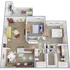 3D floor plan showcasing two bedrooms, a vibrant living room, and modern kitchen.