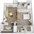 Bird's eye view of a one-bedroom apartment featuring an open-concept living area and kitchen.