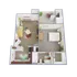 Modern apartment floor plan showcasing an open living area with a colorful rug, a cozy bedroom, efficient kitchen, and a well-appointed bathroom.
