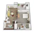 Modern A1 floor plan with 1 bedroom, 1 bathroom, spacious living area, and functional kitchen. Cozy layout in 617 sq ft.