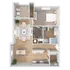 Chic open-concept floor plan with one bedroom, spacious kitchen, stylish living and dining area, large bathroom, and cozy balcony.