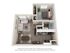 Cozy 3D floor plan showcasing a well-equipped kitchen, inviting open living area, and a serene bedroom with modern decor.