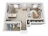 Modern open-concept apartment layout featuring a cozy living area, stylish kitchen with island, dining space, and a luxurious bathroom.