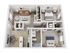Modern 2D floor plan with two spacious bedrooms, a stylish open-concept living and dining area, sleek kitchen, and convenient bathroom layout.