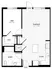 Spacious apartment floor plan with one bedroom, open living and dining area, modern kitchen, and bathroom.