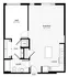 Open concept floor plan with one bedroom, living area, kitchen, and bathroom featuring modern amenities.